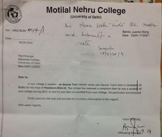 Evidence 1.1 - Letter from Principal, Motilal Nehru College to The Principal Satyawati College