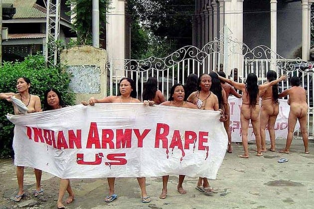 On 15 July 2004, women stood naked in front of the Kangla Fort in Imphal with a banner that read "Indian Army Rape Us" to protest the killing of Manorama Devi. Image Credits: Outlook