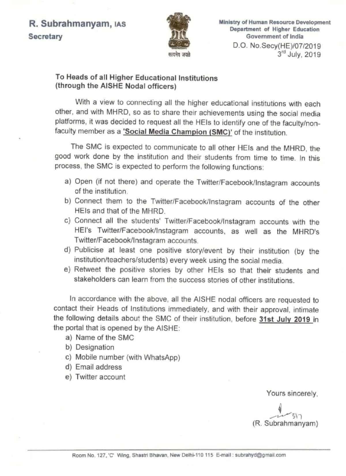 A copy of the MHRD’s letter sent to all Higher Education Institutes