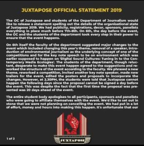 Image Credits: Department of Journalism, LSR Image Caption: Statement released by the Organising Committee of Juxtapose'19 (Part 1)