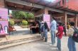 Students line up for registration outside the venue before the session of Smita Prakash
