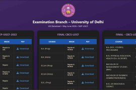 Screenshot of the University of Delhi Examination Branch webpage displaying UG Date sheet links for May–June 2026 examinations under NEP-UGCF and CBCS-LOCF programmes. Caption: