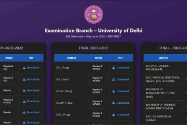 Screenshot of the University of Delhi Examination Branch webpage displaying UG Date sheet links for May–June 2026 examinations under NEP-UGCF and CBCS-LOCF programmes. Caption: