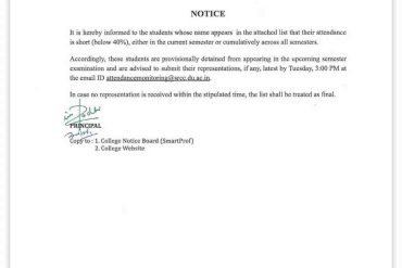 SRCC notice dated 11 May 2026 announcing provisional detention of students with attendance below 40% from semester examinations.