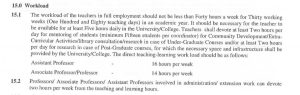 Document excerpt showing UGC workload norms for teachers, including the clause on five-hour daily availability and weekly teaching hours for assistant professors and professors.