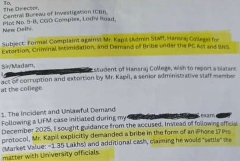 Screenshot of a complaint letter to the CBI highlighting allegations of bribery, extortion, and intimidation involving a Hansraj College staff member.