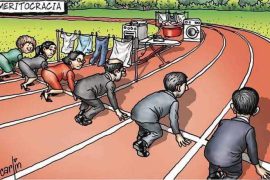 Illustration of a running track labelled “Meritocracy” where participants begin the race from unequal positions, with household chores and domestic appliances placed behind some runners to symbolise the invisible burden of unpaid care work, especially carried by mothers.