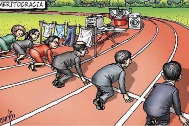 Illustration of a running track labelled “Meritocracy” where participants begin the race from unequal positions, with household chores and domestic appliances placed behind some runners to symbolise the invisible burden of unpaid care work, especially carried by mothers.