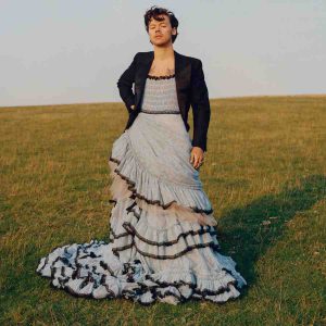 Harry Styles wears a light blue ruffled dress.