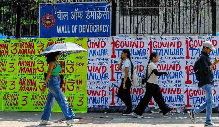 The Wall of Democracy on the University of Delhi North Campus, the only designated space for campaign posters during DUSU elections