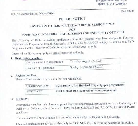 Admission Notice Issued by the University of Delhi