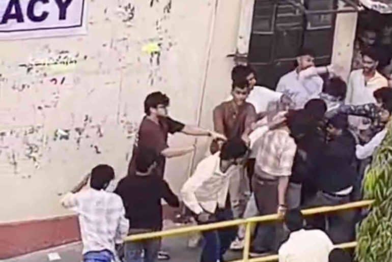 A still of the Shyam Lal College assault outside the SLC canteen