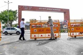 Delhi Police barricades outside Bharat Mandapam as security arrangements intensify ahead of the BRICS Summit
