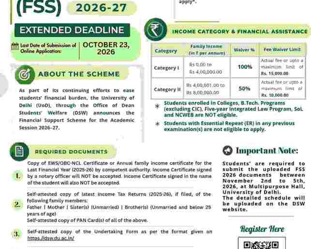 Financial Support Scheme deadline extension notice for DU students