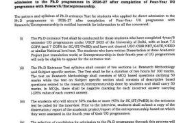 University of Delhi notification on the direct PhD admissions entrance test pattern and eligibility
