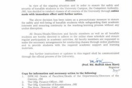 Notification detailing the shift to online mode for all academic classes in JMI.