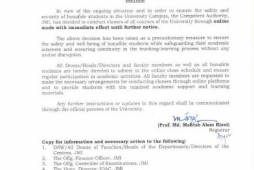Notification detailing the shift to online mode for all academic classes in JMI.