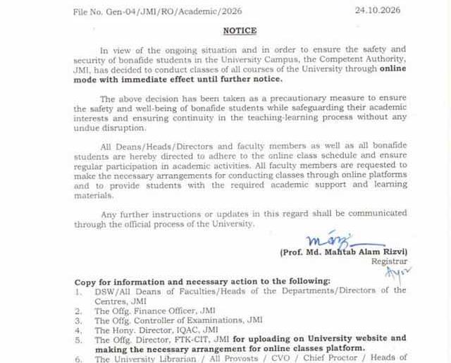 Notification detailing the shift to online mode for all academic classes in JMI.